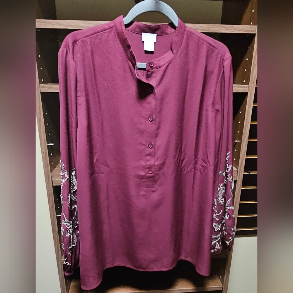 Chico's Burgundy Blouse with Embroidered Sleeves